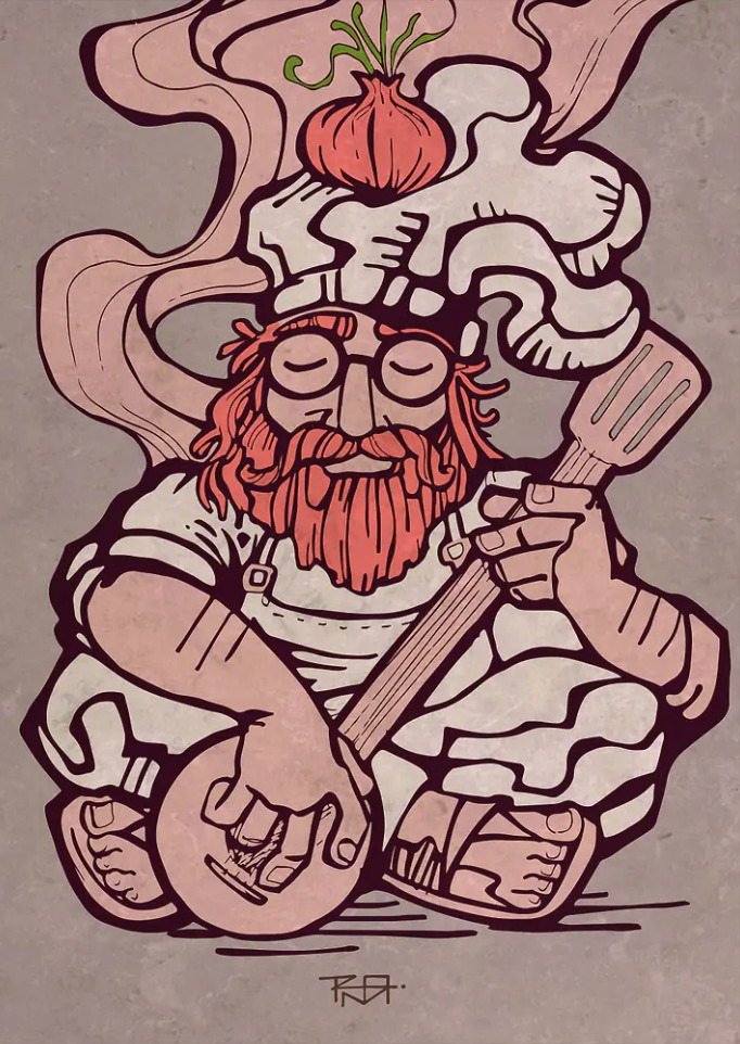 Iknu Arts - Hand-drawn illustration or drawing of a hippie chef