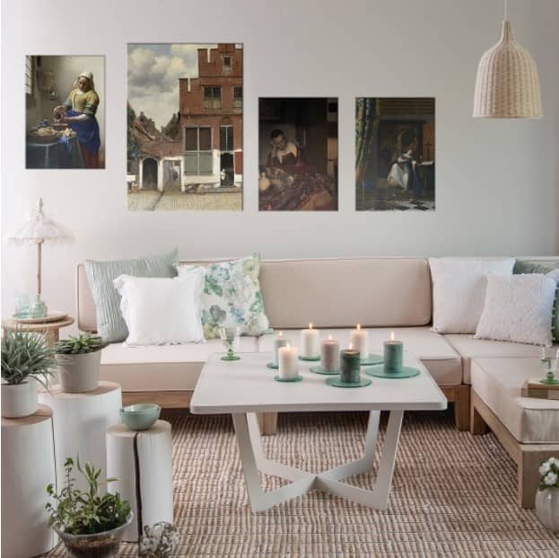 fine art arrangement of 4 pictures on a wall