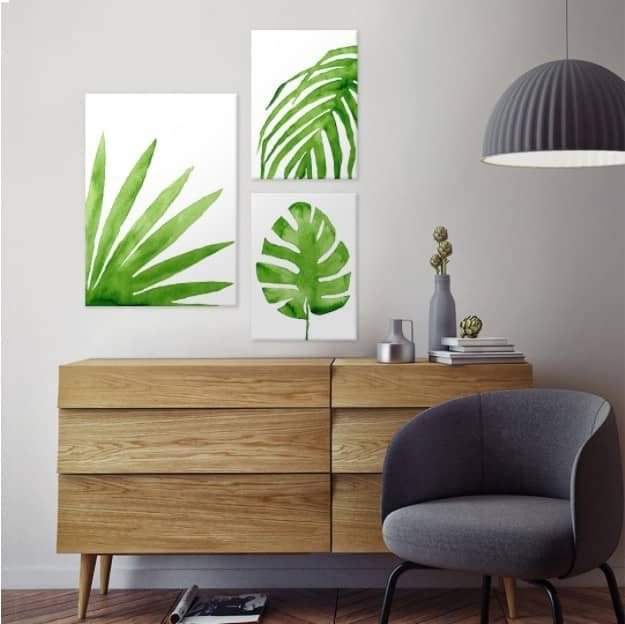 3 piece botanical prints arranged on a wall