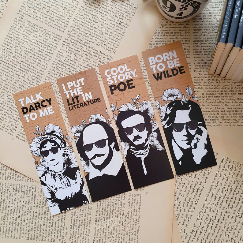 Punny bookmarks featuring Austen, Shakespeare, Poe and Wilde