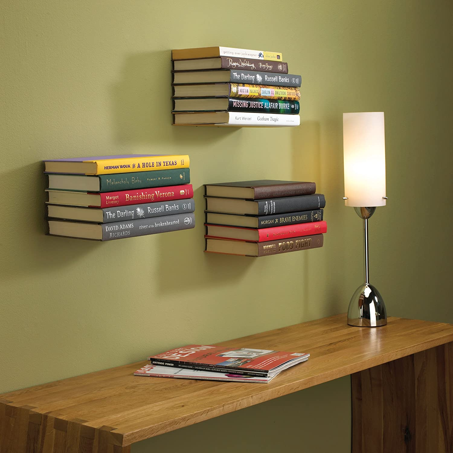 Stacks of books on floating shelves