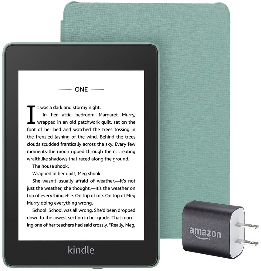 Kindle e-reader with cover and charger