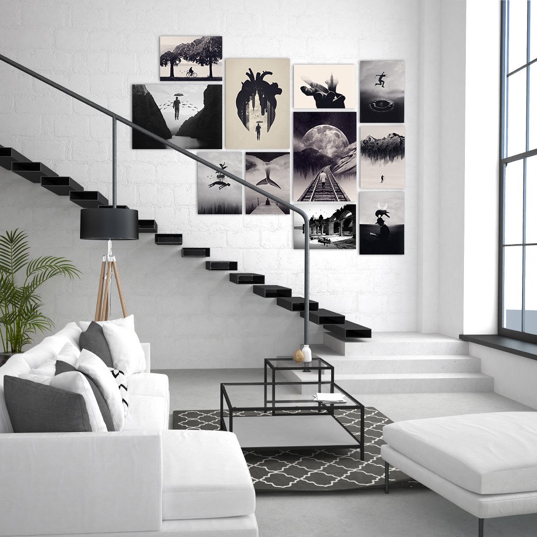 minimalistic black and white scandinavian interior with metal posters