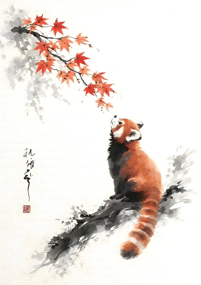 Red Panda and Maple Leaves by Glenda Terry