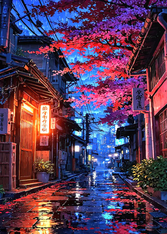 Rainy Japanese Street with Cherry Blossoms by wahgini