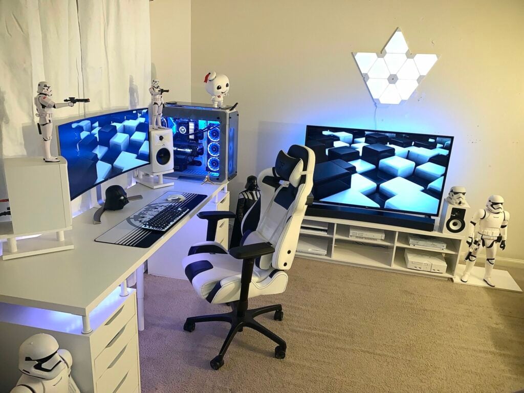 Black-and-white gaming setup featuring stormtrooper figures