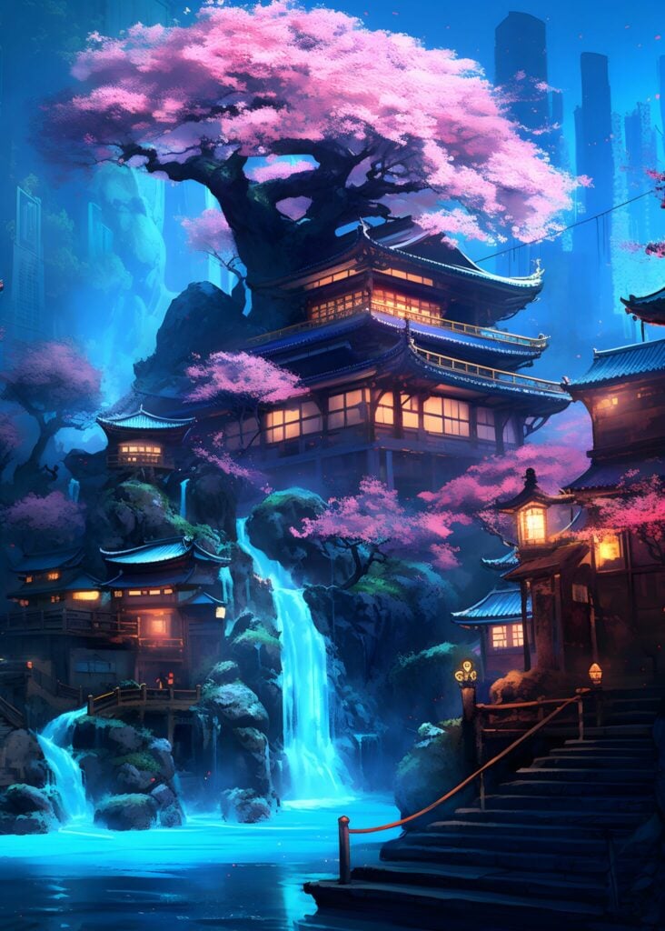 Neon Waterfall Temple
