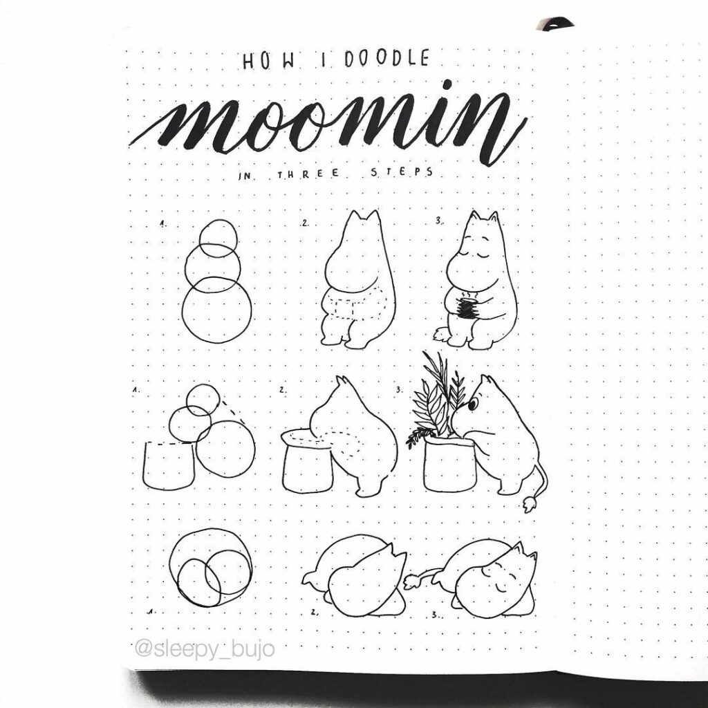 step-by-step Moomin doodles