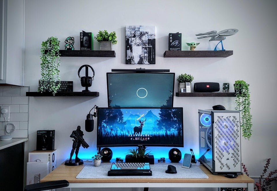 Blue Theme RGB Desk Setup  Gaming room setup, Best gaming setup, Video  game room design