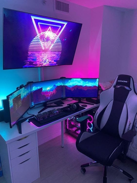 Modern Video Game Streamer Room - colorful blue and pink neon