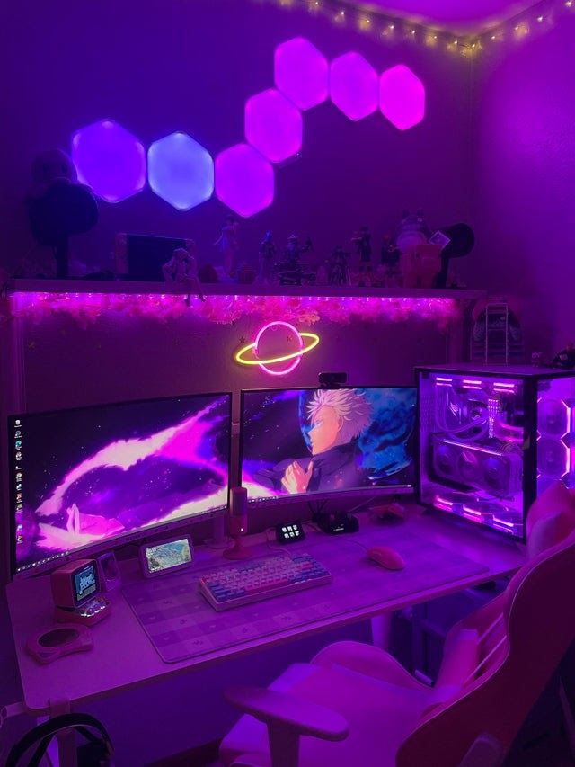 Modern Video Game Streamer Room - colorful blue and pink neon