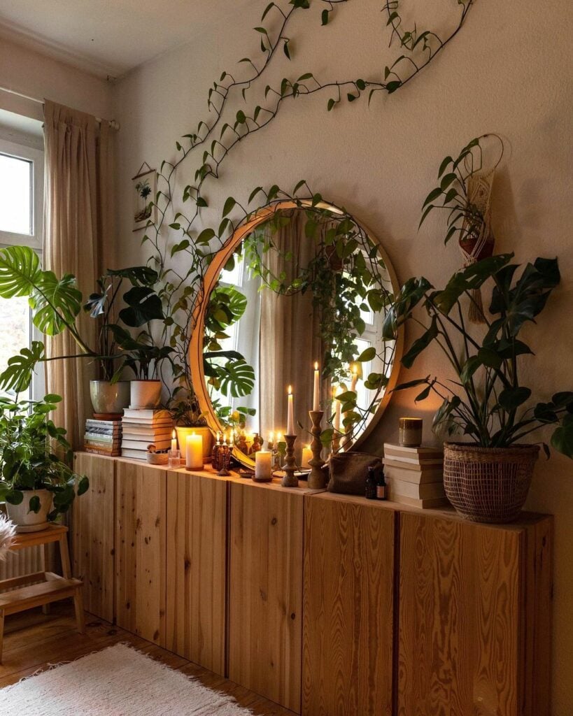 plant-adorned dresser
