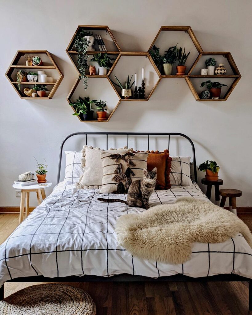 honeycomb shelves above bed