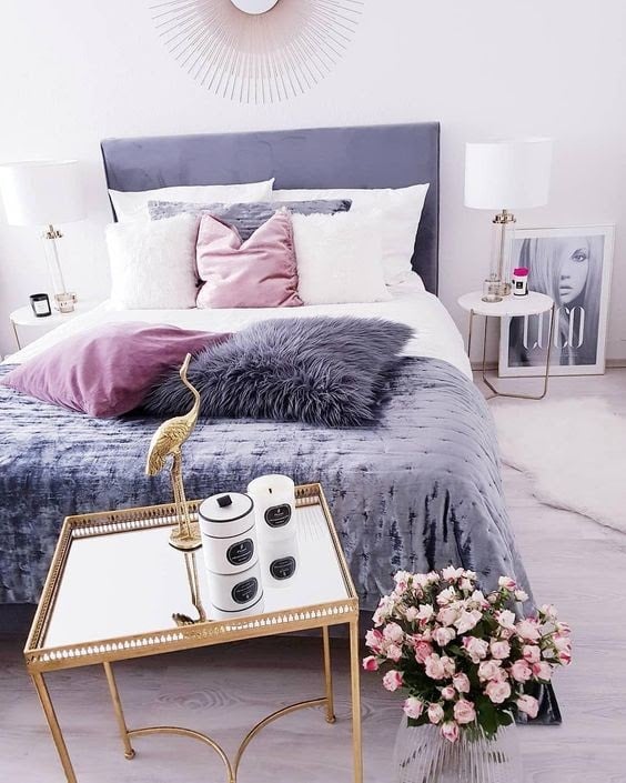 grey pink purple bedroom