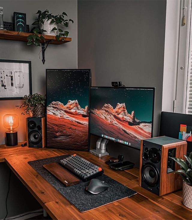 warm wood minimalist desk setup