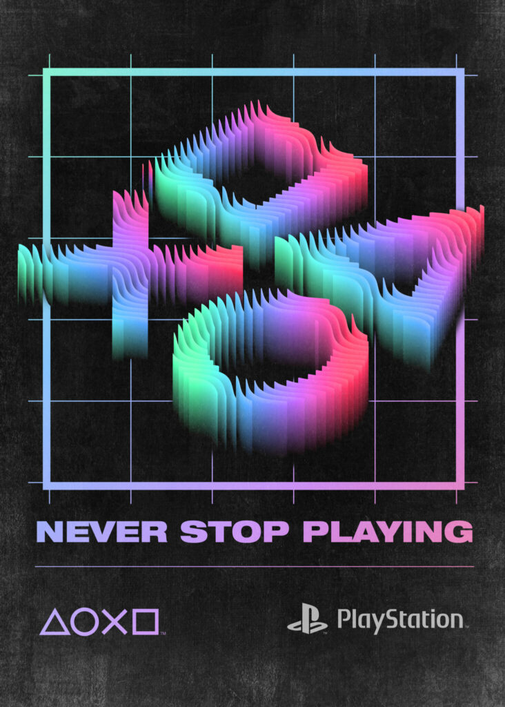 PlayStation: Never Stop Playing Neon Poster via PlayStation Official Displate Brand Shop